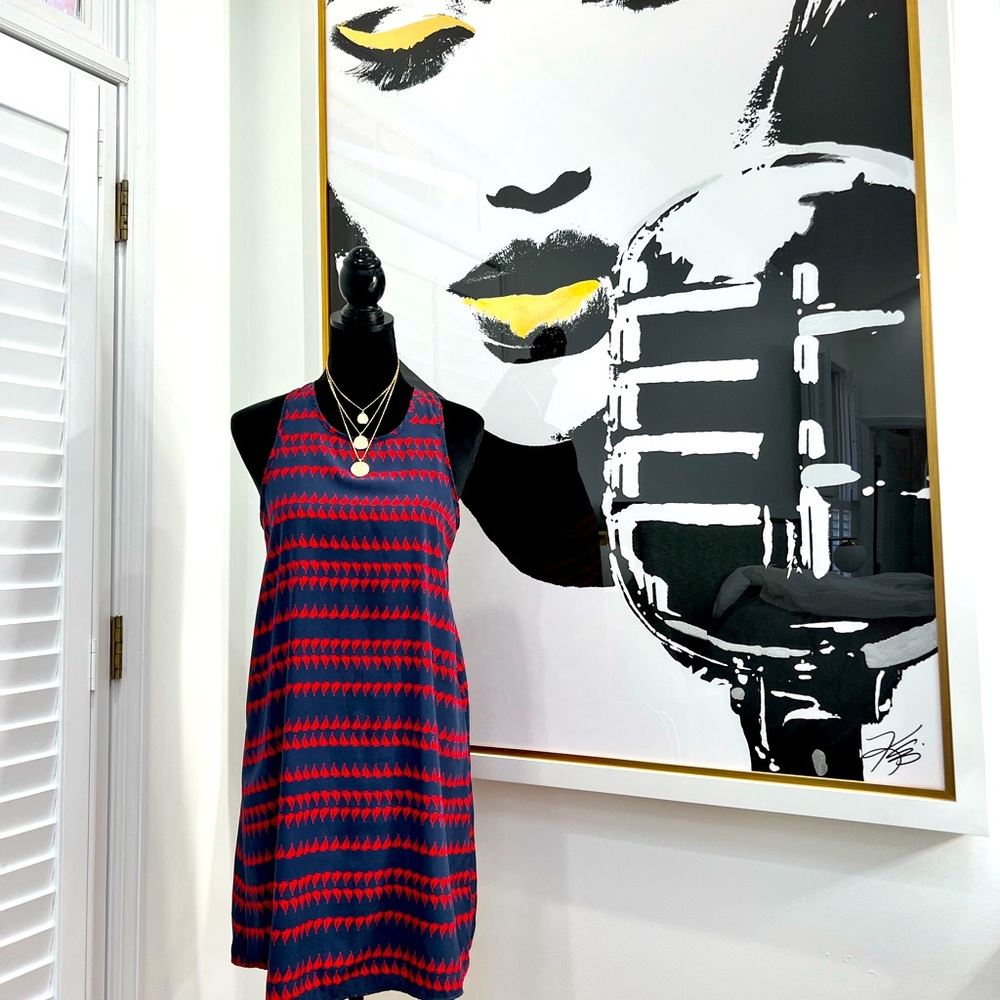 buttons Blue & Red Sleeveless A-line Dress w/Keyhole Back, Size S